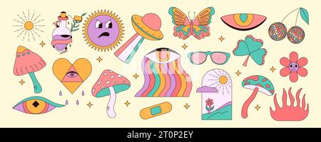 Retro 70s groovy elements. Mushrooms, sun, flower, lips, eyes, sunglasses and etc. Cartoon hippy stickers. Vector illustration Stock Vector