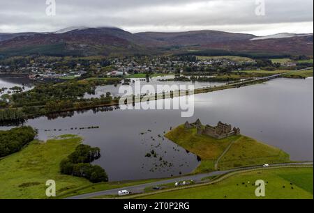 Flood water from the River Spey surrounds the ruins of Ruthven Barracks near Kingussie near Aviemore. Those in the north of Scotland have been warned there is still a 'risk to life' from severe flooding while people in the south of the UK will have dry and warm conditions. Picture date: Sunday October 8, 2023. Stock Photo