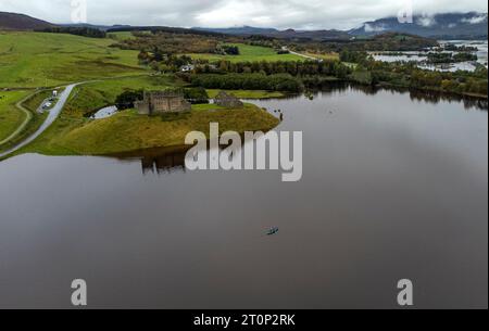 Flood water from the River Spey surrounds the ruins of Ruthven Barracks near Kingussie near Aviemore. Those in the north of Scotland have been warned there is still a 'risk to life' from severe flooding while people in the south of the UK will have dry and warm conditions. Picture date: Sunday October 8, 2023. Stock Photo