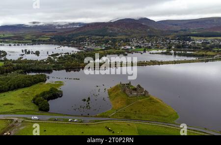 Flood water from the River Spey surrounds the ruins of Ruthven Barracks near Kingussie near Aviemore. Those in the north of Scotland have been warned there is still a 'risk to life' from severe flooding while people in the south of the UK will have dry and warm conditions. Picture date: Sunday October 8, 2023. Stock Photo