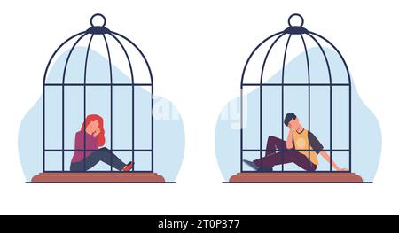 Young man and girl with depression and despair sitting in bird cage. Kidnapping and crime, male and female crying in jail. Mental problems. Cartoon Stock Vector