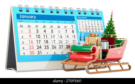 Christmas tree with desk calendar, 3D rendering isolated on white ...