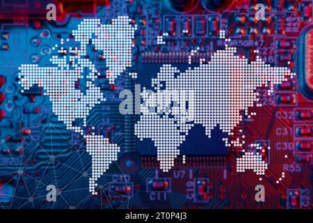 Digital Circuit Board overlay with world map for Global Microprocessor computer chips trade distribution and logistic concept Stock Photo