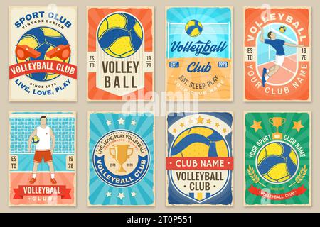 Set of Volleyball club retro poster, banner design. Vector illustration. For college league sport club emblem, sign, logo. Vintage retro poster Stock Vector