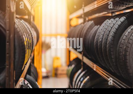 new car tire mix type on storage shelf at warehoue stock inventory in auto garage workshop for sale Stock Photo