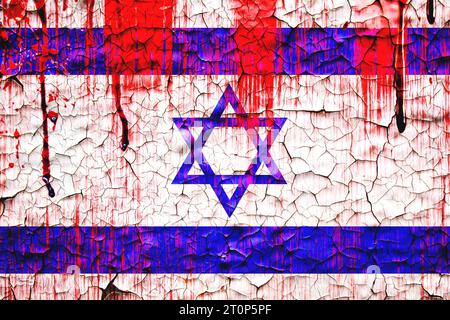 Israel flag painted over cracked concrete wall.blood effect on Israel flag. hamas israel conflict concept. Stock Photo