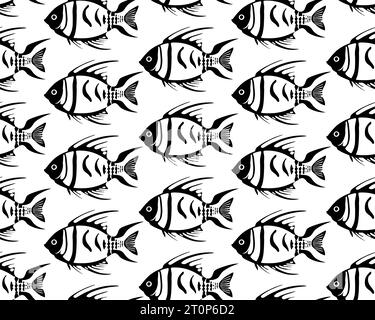 simple seamless pattern of black graphic fish on a white background, texture, design Stock Photo