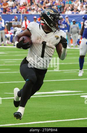 London, UK. 08th Oct, 2023. Jacksonville Jaguars running back Travis Etienne Jr runs for a touchdown during the match against the Buffalo Bills in the NFL International Series game at White Hart Lane in London on Sunday, October 08, 2023. The Jaguars beat the Bills 25-20. Photo by Hugo Philpott/UPI Credit: UPI/Alamy Live News Stock Photo