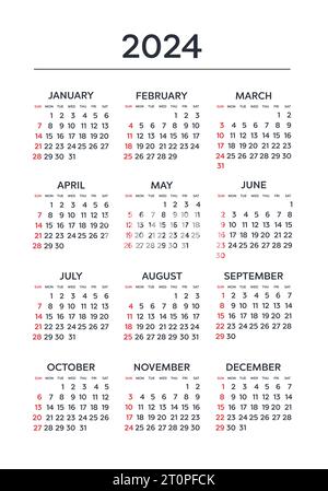 Pocket calendar 2024, week starts on Sunday. Vector illustration Stock ...