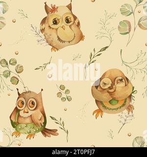 Autumn seamless pattern with cute cartoon owls and leaves. Watercolor children illustration on a white background. for design. Stock Photo