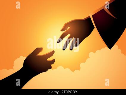 Biblical vector illustration series of God hand reaching out for human hand. Hope, help, God mercy concept Stock Vector
