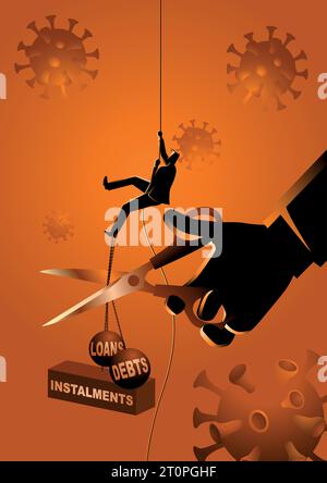 Business concept illustration of a businessman climbing on rope meanwhile a giant hand with scissors cutting his burden. Cut loss concept Stock Vector