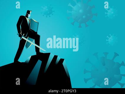 Vector illustration of a businessman as a knight ready to fight viruses, conceptual illustration for confidence in business during pandemic Stock Vector