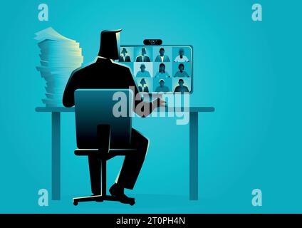 Business vector illustration of a man figure having video conference with group of people Stock Vector