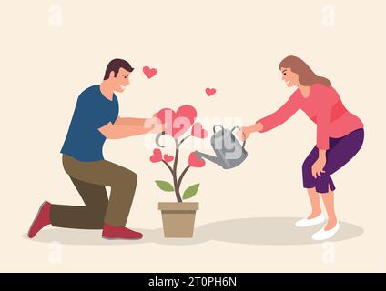 Simple flat cartoon illustration of couple watering love plant Stock Vector