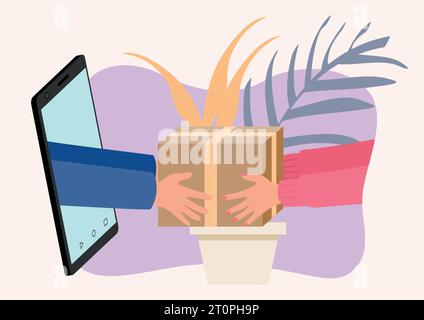 Illustration of hands come out of a smart phone screen delivering a package, online shopping concept Stock Vector