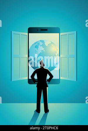 Business concept illustration of a businessman standing looking through window made of smart phone. Modern technology, knowledge, digital world concep Stock Vector