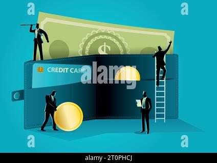 Business concept illustration of businessmen arranging money in giant wallet, cash and credit, money management concept Stock Vector