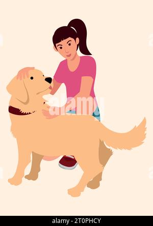 Simple flat cartoon vector illustration of a girl with her dog Stock Vector