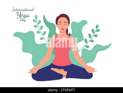 Simple flat vector illustration of a woman doing yoga with leaves decoration as the background. International Yoga Day Stock Vector