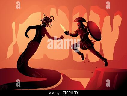 Greek mythology vector illustration of Perseus fighting Gorgon Medusa. Perseus is the legendary founder of Mycenae and of the Perseid dynasty Stock Vector