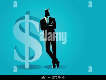 Vector illustration of a businessman leaning on big dollar symbol Stock Vector