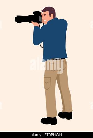 Simple flat cartoon vector illustration of a man using a professional DSLR camera with tele lens, creative profession or occupation Stock Vector