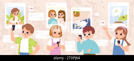 Children using social media with smartphones, posting and chatting. Cute toddlers with phones, doing likes and post photos, snugly vector concept Stock Vector
