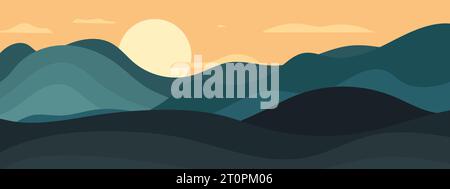 Trendy abstract background, sunrise in mountains. Flat style landscape, minimalist wave hills and clouds. Contemporary vector graphic art Stock Vector