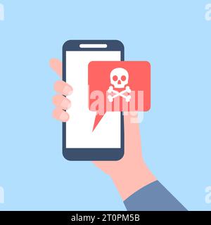 Virus alert on smartphone screen in male hand. Alert notification about spam message or scammer. Unsafe, digital online scam, recent vector concept Stock Vector
