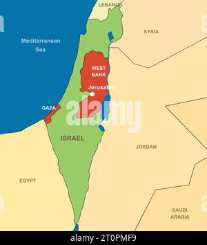 Israel on outline map, Middle East with Egypt, Syria, Lebanon, Jordan and Saudi Arabia. Israeli and Palestinian territories, Gaza and West Bank. Theme Stock Photo