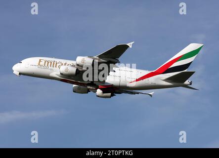 An Airbus A380 of Emirates departs London Gatwick Airport Stock Photo