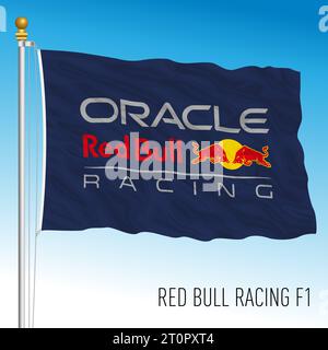 Austria, year 2023, waving flag of the Red Bull F1 Racing Team, world champion 2023, illustration Stock Photo