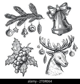 Christmas set vintage sketch vector illustrations engraving style Stock Vector