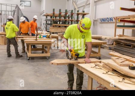 Detroit, Michigan - Apprentice carpenters and millwrights learn job skills at the Michigan Regional Council of Carpenters and Millwrights training cen Stock Photo