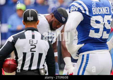 Indianapolis, Indiana, USA. 8th Oct, 2023. Tennessee Titans linebacker Azeez Al-Shaair (2) eyes the coin as it is tossed prior to the game between the Tennessee Titans and the Indianapolis Colts at Lucas Oil Stadium, Indianapolis, Indiana. (Credit Image: © Scott Stuart/ZUMA Press Wire) EDITORIAL USAGE ONLY! Not for Commercial USAGE! Credit: ZUMA Press, Inc./Alamy Live News Stock Photo