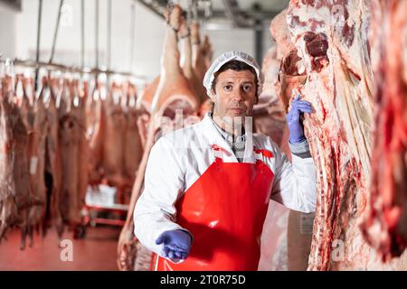 Male slaughterhouse worker showing beef chunk in meat storage Stock Photo