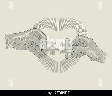 Two hand assembling piece of puzzle together. Business connection concept and relationship, Vintage engraving style illustration Stock Vector