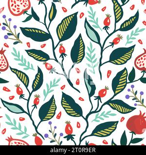 Seamless pattern with dynamic stylizes branches with red berries. Original trendy background for design Stock Vector