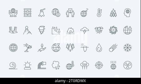 Global environment disasters due to climate change thin line icons set vector illustration. Outline symbols of extreme weather problems, earthquake and drought, ocean storm and hurricane, melting ice Stock Vector