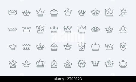 Crown line icons set vector illustration. Abstract thin outline luxury symbols of authority and royalty, simple royal tiaras of king or queen, chess badge crown, classic heraldic emblem on shield Stock Vector
