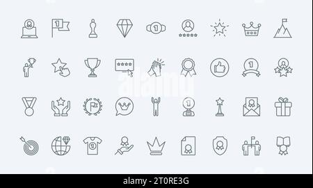 Awards thin line icons set vector illustration. Outline black trophy badges simple collection, premium prize of best quality and trophy of winner, gold stars, diamond and cup reward, crown and laurel Stock Vector