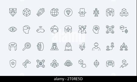 Metaverse thin line icons set vector illustration. Outline pictograms of VR glasses for virtual world simulation with 360 round view, innovation headset for video game, blockchain and NFT symbols Stock Vector