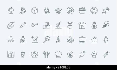 Sugar thin line icons set vector illustration. Outline pictograms of brown or refined sugar products and sweetener, pile of cubes and open sachet pack with sand or powder, candy and cake for coffee Stock Vector