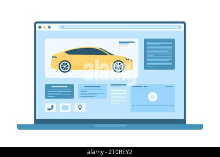 Buying and selling new or used car online service vector illustration. Cartoon isolated laptop desktop with automotive website for customers search to buy, sell or rent new or used automobile Stock Vector