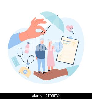 Health insurance plan for senior citizens vector illustration. Cartoon hands of doctors protect and care old couple of patients with umbrella and safety shield, insurance medicare policy on clipboard Stock Vector