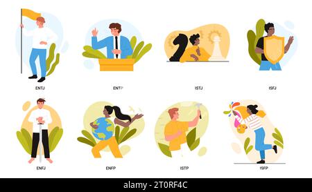 MBTI, socionics types set vector illustration. Cartoon isolated characters with different types of behavior and mindset, individual psychology testing for personal growth, professional career Stock Vector