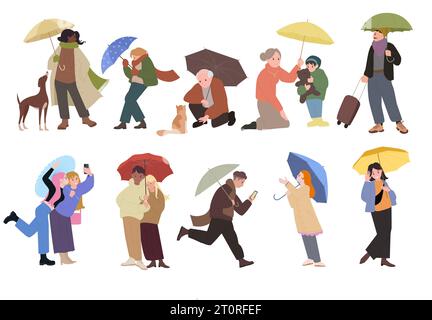 People holding umbrellas to protect from rain set vector illustration. Cartoon isolated man or woman walking in rainy weather, collection of various adult and child characters with wet parasols Stock Vector