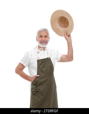 Harvesting season. Cheerful farmer tipping hat on white background Stock Photo