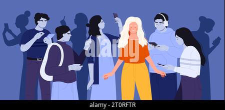 Smartphone news addiction vector illustration. Cartoon happy woman standing among crowd of many sad addicted people with anxiety and overload of bad news, unhappy characters surfing social media Stock Vector